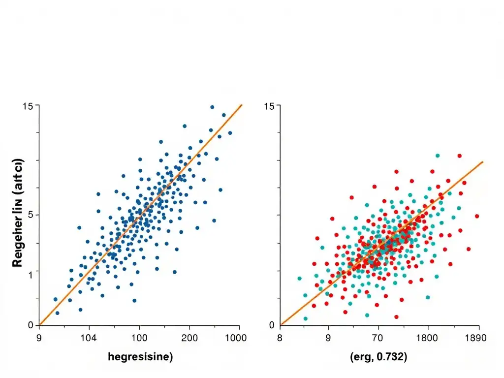 A scatter plot with a regression line showing data points close to the line (representing high R-squared, e.g., 0.88) compared to another scatter plot with data points widely scattered around the regression line (representing lower R-squared, e.g., 0.72).