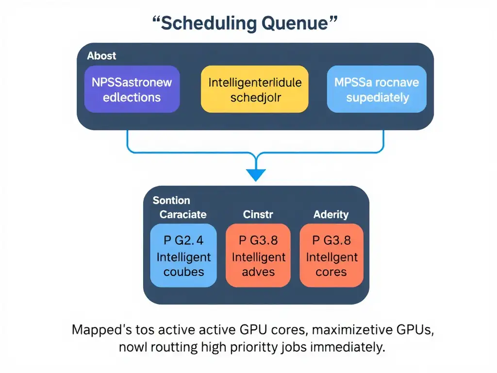A scheduling queue diagram showing incoming jobs with different priorities and parallelization capabilities being mapped by an intelligent scheduler to a cluster of GPUs, maximizing active GPU cores while routing high-priority jobs immediately.