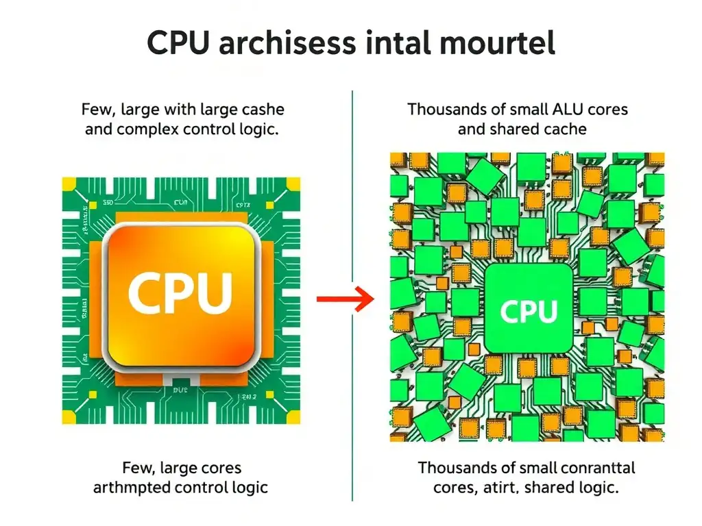 A comparison diagram illustrating CPU vs GPU architectures. The CPU side shows a few large, complex cores with large cache and control blocks, processing tasks sequentially. The GPU side shows a grid of thousands of tiny cores processing a massive matrix multiplication in parallel, highlighting the architectural focus on throughput over individual task latency.