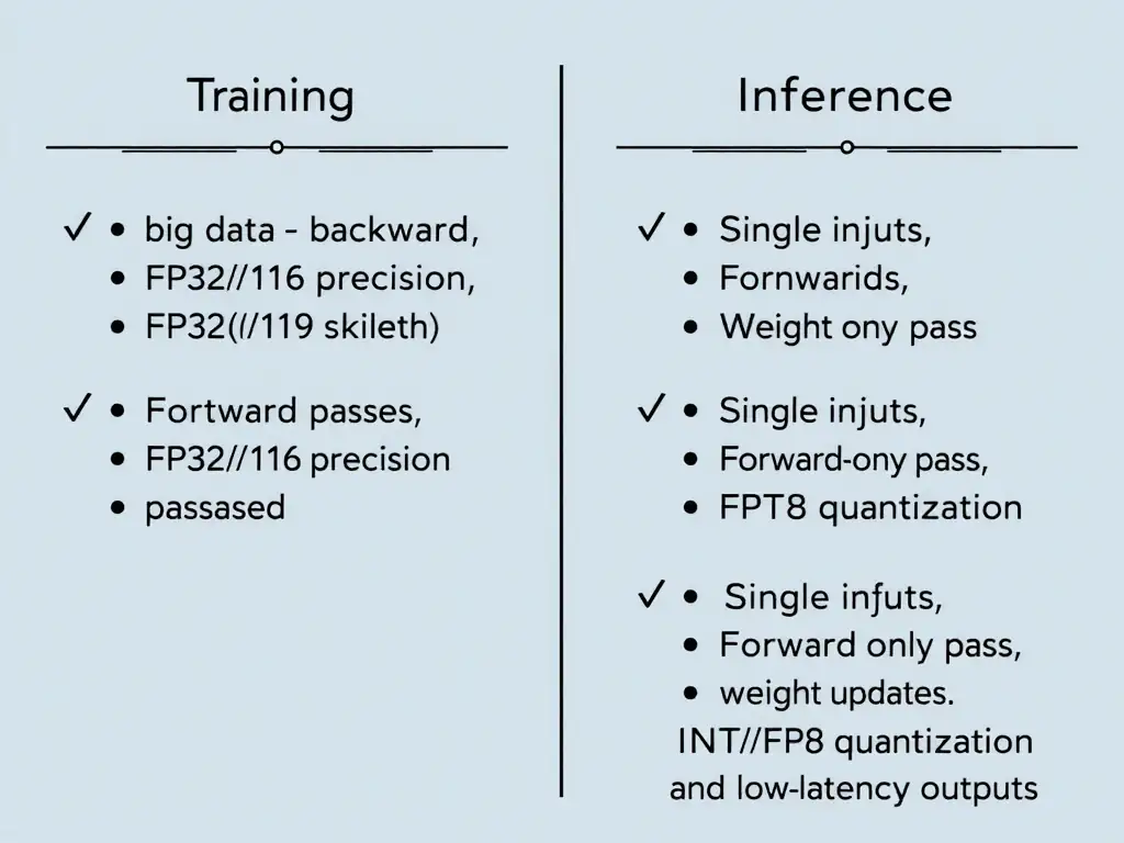 A comparative illustration showing the Training stage (involving big data, forward/backward passes, FP32/FP16 precision, and weight updates) versus the Inference stage (involving single inputs, forward-only pass, INT8/FP8 quantization, and low-latency outputs).