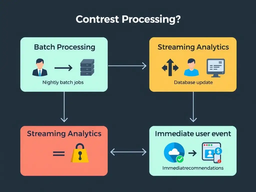 A flowchart comparing Batch Processing (data collection -> storage -> nightly batch job -> database update) with Streaming Analytics (continuous user event stream -> real-time inference engine -> immediate product recommendations).