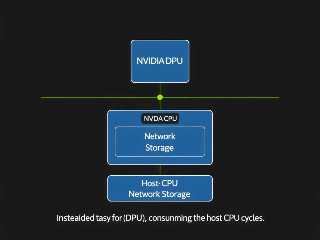 An architectural diagram showing a host CPU and an NVIDIA DPU, illustrating how network, storage, and security tasks are routed directly to the DPU (offloaded) instead of consuming the host CPU's cycles.