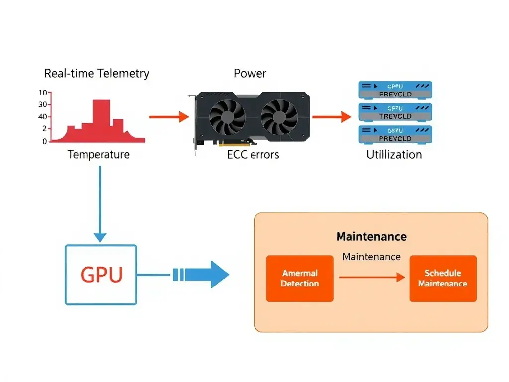 A block diagram showing real-time GPU telemetry data streams (temperature, power, ECC errors, utilization) feeding into a predictive AI model, which outputs anomaly detection alerts and schedules maintenance before a GPU failure occurs.
