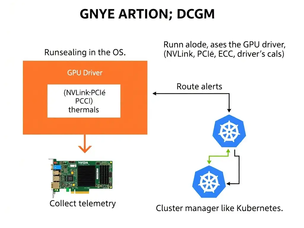 A diagram highlighting the NVIDIA DCGM architecture running alongside the OS and GPU driver, collecting telemetry (NVLink, PCIe, ECC, thermals) and routing alerts to a cluster manager like Kubernetes.