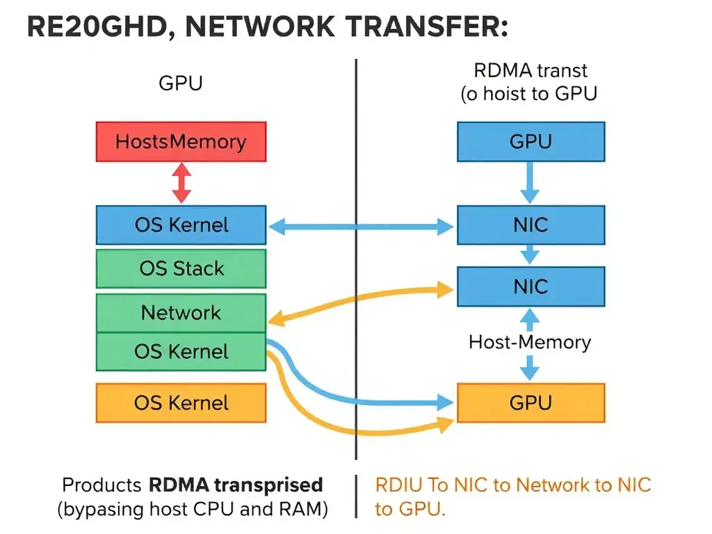 A comparison diagram showing traditional network transfer (GPU to Host Memory to OS Kernel to TCP Stack to NIC to Network to NIC to TCP Stack to OS Kernel to Host Memory to GPU) versus RDMA transfer (GPU to NIC to Network to NIC to GPU), bypassing host CPU and RAM.