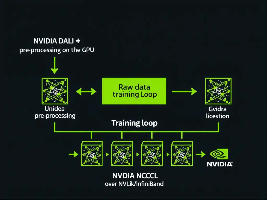 A pipeline diagram showing raw data entering NVIDIA DALI for preprocessing on the GPU, then entering the training loop where multiple GPUs are synchronized using NVIDIA NCCL over NVLink/InfiniBand.