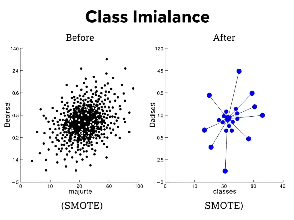A scatter plot illustrating class imbalance before and after SMOTE. The "before" plot shows a dense cluster of majority class points and very few minority class points. The "after" plot shows synthetic minority class points generated along lines connecting the original minority points, balancing the classes.