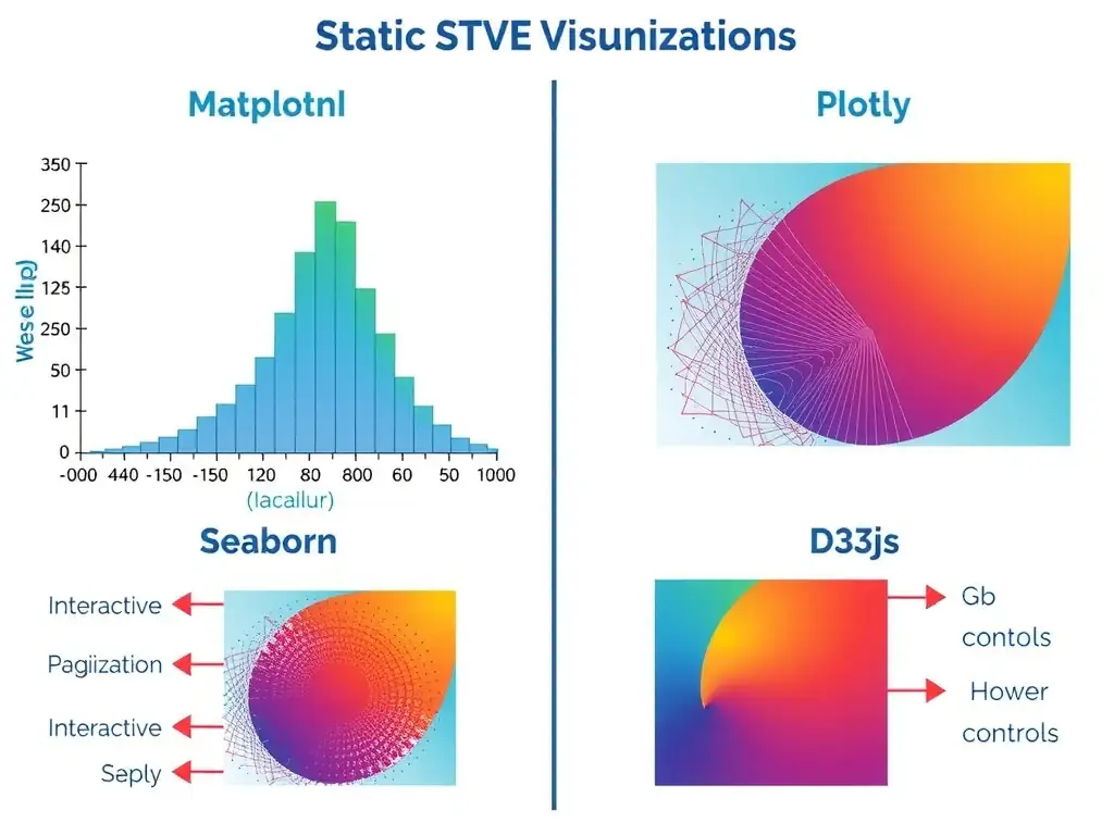 A comparison matrix showing static visualization outputs (Matplotlib/Seaborn as static images) and internal developer tools (TensorBoard showing loss graphs) contrasted with interactive, client-side web charts (Plotly and D3.js showing hover cards, dropdowns, and zoom controls inside a web browser window).