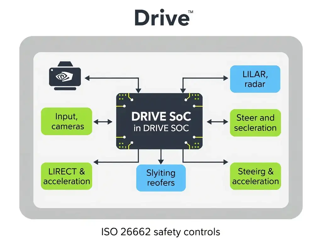 A block diagram of the NVIDIA Drive platform showing inputs from cameras, LiDAR, and radar going into the DRIVE SoC (running DRIVE OS and deep learning models), which outputs steering and acceleration commands under ISO 26262 safety controls.