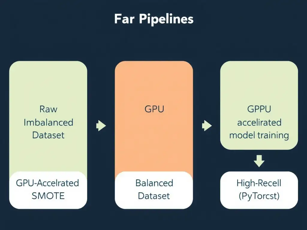 A pipeline workflow diagram: Raw Imbalanced Dataset -> GPU-Accelerated SMOTE (RAPIDS cuML) -> Balanced Dataset -> GPU-Accelerated Model Training (XGBoost/PyTorch) -> High-Recall Fraud Detector.