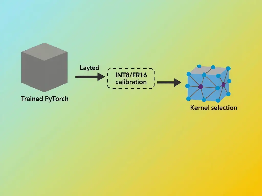 A diagram showing a trained PyTorch model passing through the TensorRT compiler where optimizations (layer fusion, INT8/FP16 precision calibration, and kernel selection) take place, producing a highly optimized TensorRT engine ready for deployment.