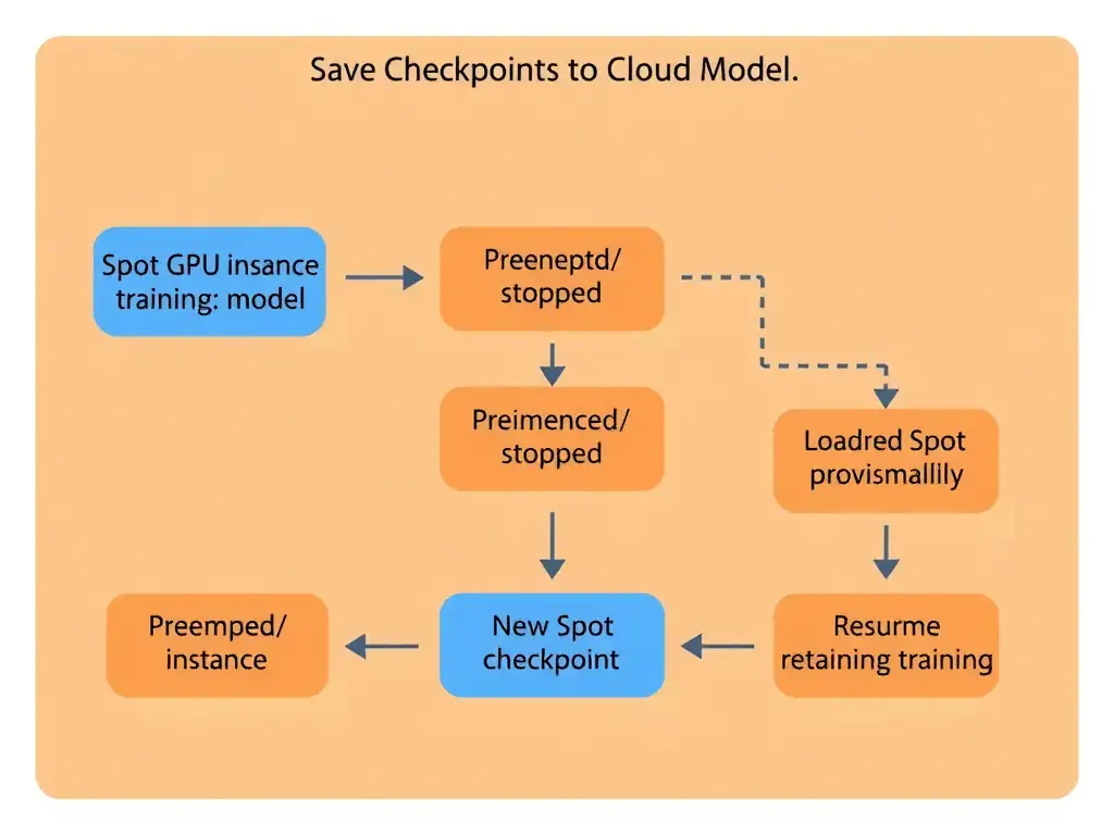 A flowchart diagram showing a Spot GPU instance training a model, saving checkpoints to cloud storage, being preempted/stopped, a new Spot instance automatically provisioning, loading the checkpoint, and resuming training.