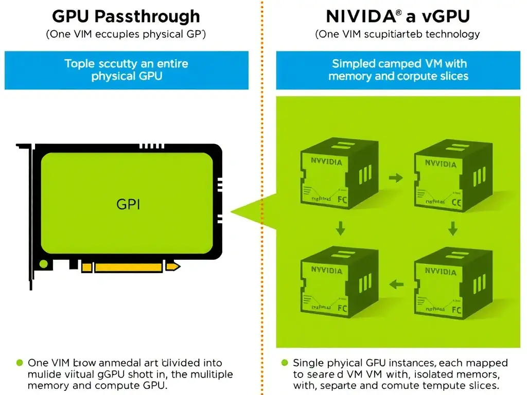 Diagram comparing GPU Passthrough (one VM occupying an entire physical GPU) versus NVIDIA vGPU technology (a single physical GPU divided into multiple virtual GPU instances, each mapped to a separate VM with isolated memory and compute slices).