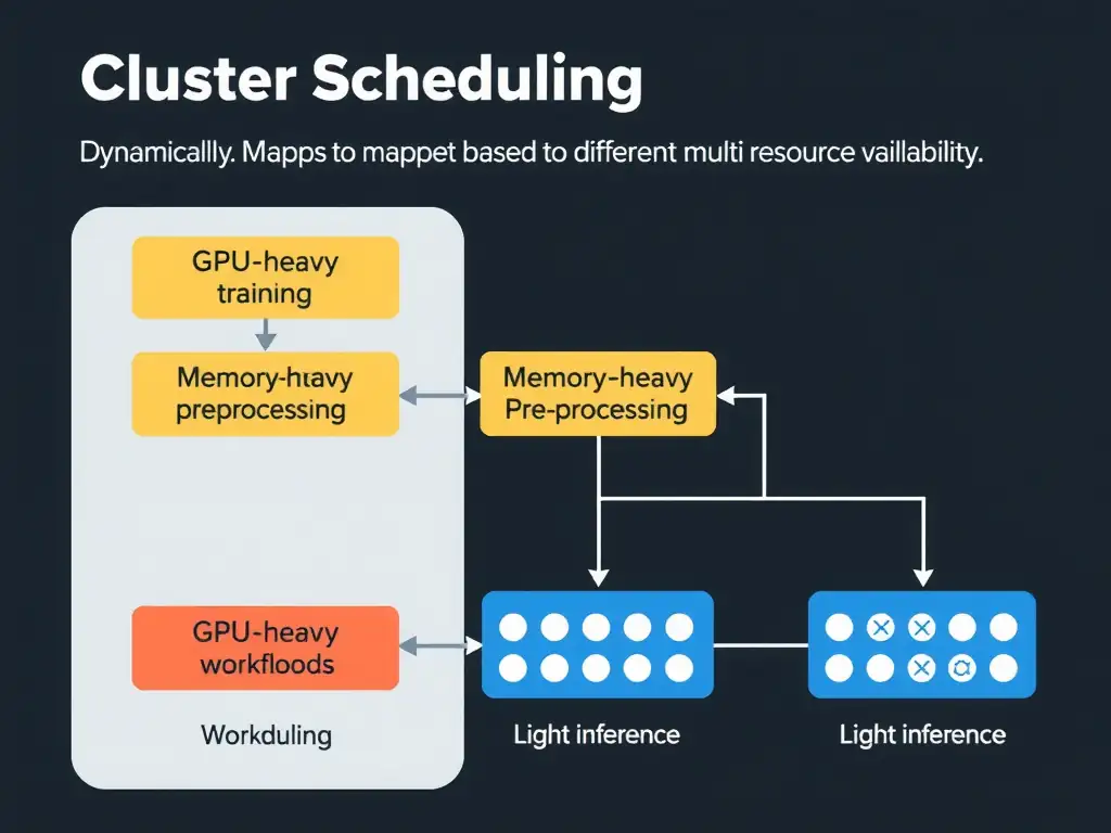 A cluster scheduling diagram showing a queue of diverse workloads (GPU-heavy training, memory-heavy preprocessing, light inference) being dynamically mapped by a scheduler to different multi-GPU nodes based on current resource availability.