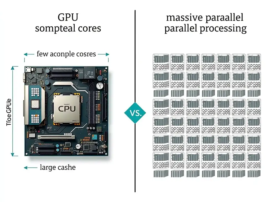 Architectural comparison diagram showing a CPU with a few large, complex cores and a large cache next to a GPU with thousands of small, simple cores, illustrating sequential processing vs. massive parallel processing.