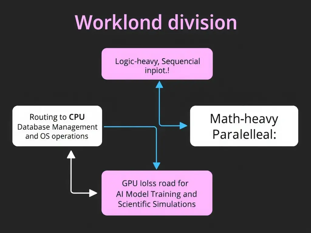 A flowchart showing workload division: input workloads split into "Logic-heavy, Sequential" (routing to CPU for Database Management and OS operations) and "Math-heavy, Parallel" (routing to GPU for AI Model Training and Scientific Simulations).