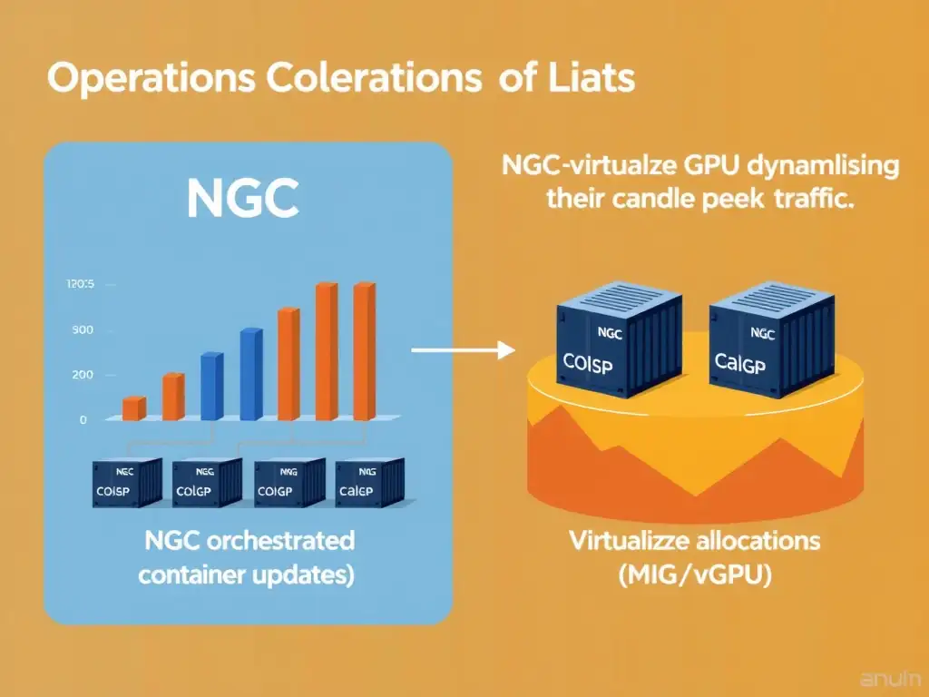 A flow diagram showing an optimized AI operations workflow. On one side, NGC automatically pushes updated, optimized containers to the cluster. On the other side, a single physical GPU is divided using virtualization (vGPU/MIG) into separate, isolated channels representing different tenant workloads, preventing performance cross-contamination.