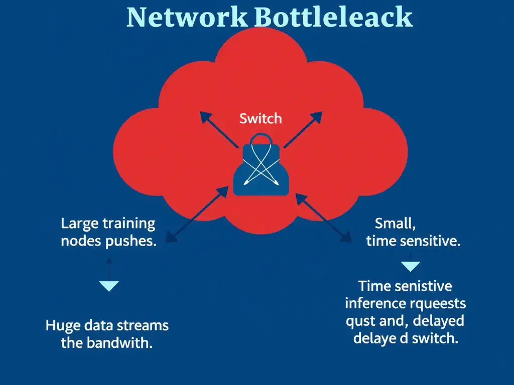 A network bottleneck diagram showing a shared network switch. One path shows large training nodes pushing huge data streams (saturating the bandwidth), while the other path shows small, time-sensitive inference requests getting queued and delayed at the switch.