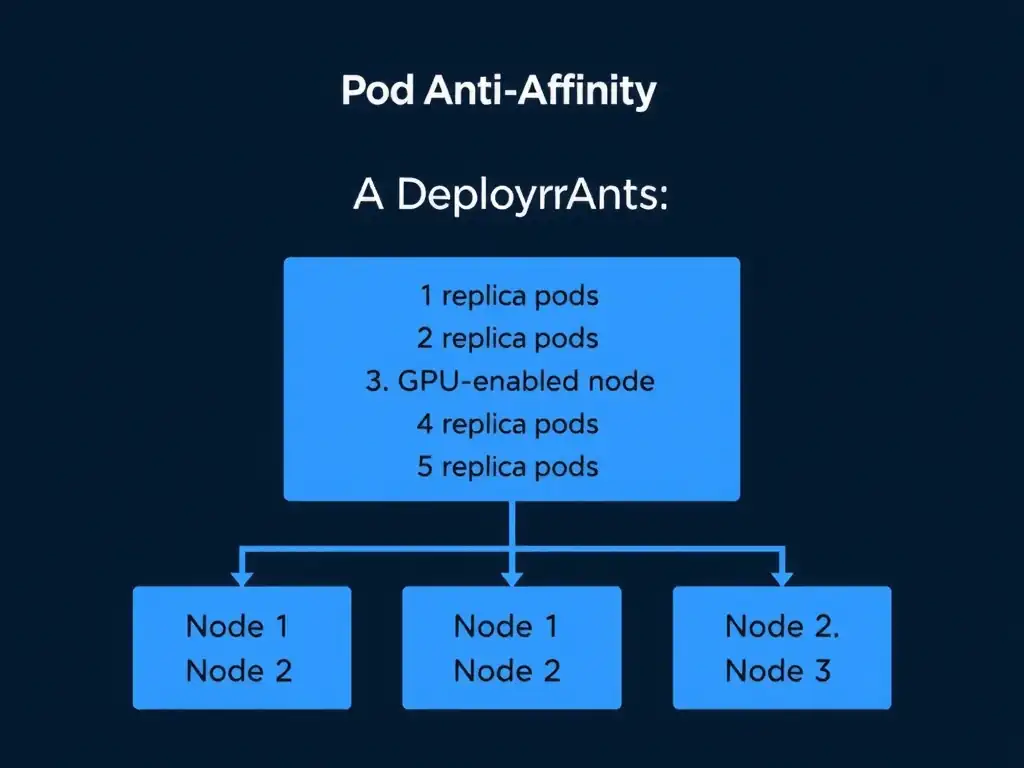 Kubernetes scheduling diagram showing Pod Anti-Affinity in action: a deployment with three replica pods is distributed across three separate GPU-enabled nodes (Node 1, Node 2, Node 3) rather than co-locating on a single node.