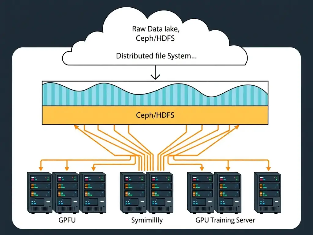 An architectural layout of a storage subsystem. It shows raw datasets (video, audio, text) flowing into a Data Lake. The data is managed by a Distributed File System (Ceph/HDFS) which splits files across multiple storage nodes, enabling parallel high-speed data streams directly to a cluster of GPU nodes.