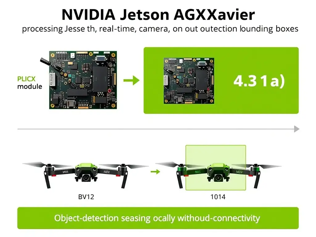 An embedded hardware diagram showing the NVIDIA Jetson AGX Xavier module processing real-time camera inputs on an autonomous drone and outputting object-detection bounding boxes locally without cloud connectivity.