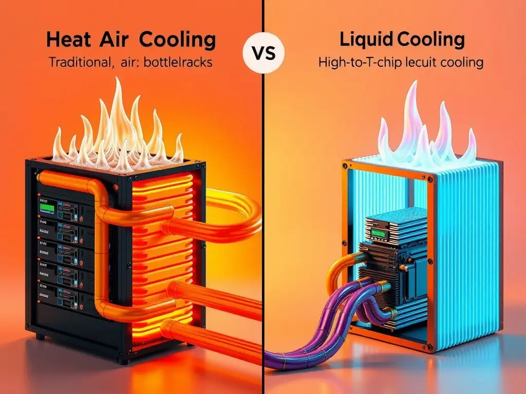 The comparison of heat dissipation efficiency between traditional air cooling (showing hot air circulation and localized thermal bottlenecks in high-density GPU racks) and liquid cooling (showing direct-to-chip cold plates or immersion loops transporting thermal energy away from high-TDP GPU nodes).