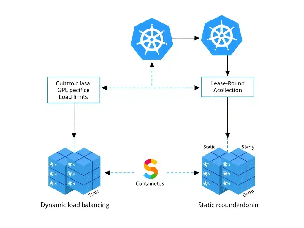 The operational flow of a Kubernetes orchestration engine dispatching containerized machine learning tasks (with specific GPU resource limits) to a cluster of heterogeneous GPU nodes, highlighting dynamic load balancing versus static round-robin resource allocation.