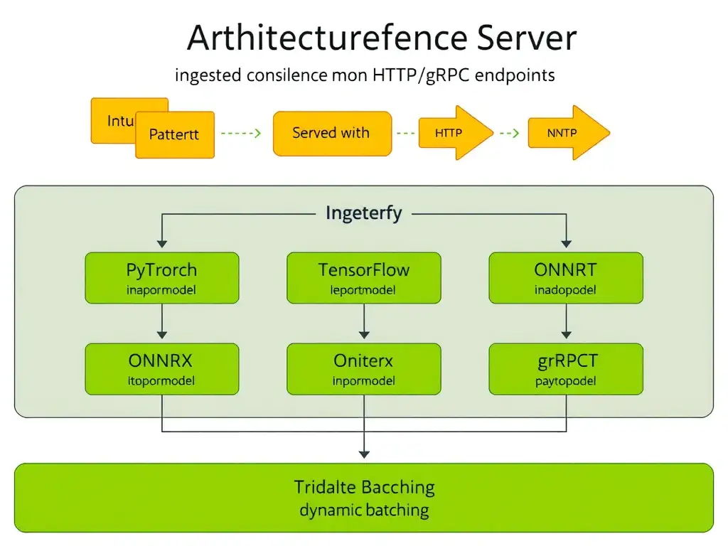 The architectural position of NVIDIA Triton Inference Server, showing various input model formats (PyTorch, TensorFlow, ONNX, TensorRT) being ingested and served concurrently through common HTTP/gRPC endpoints, with features like dynamic batching highlighted.