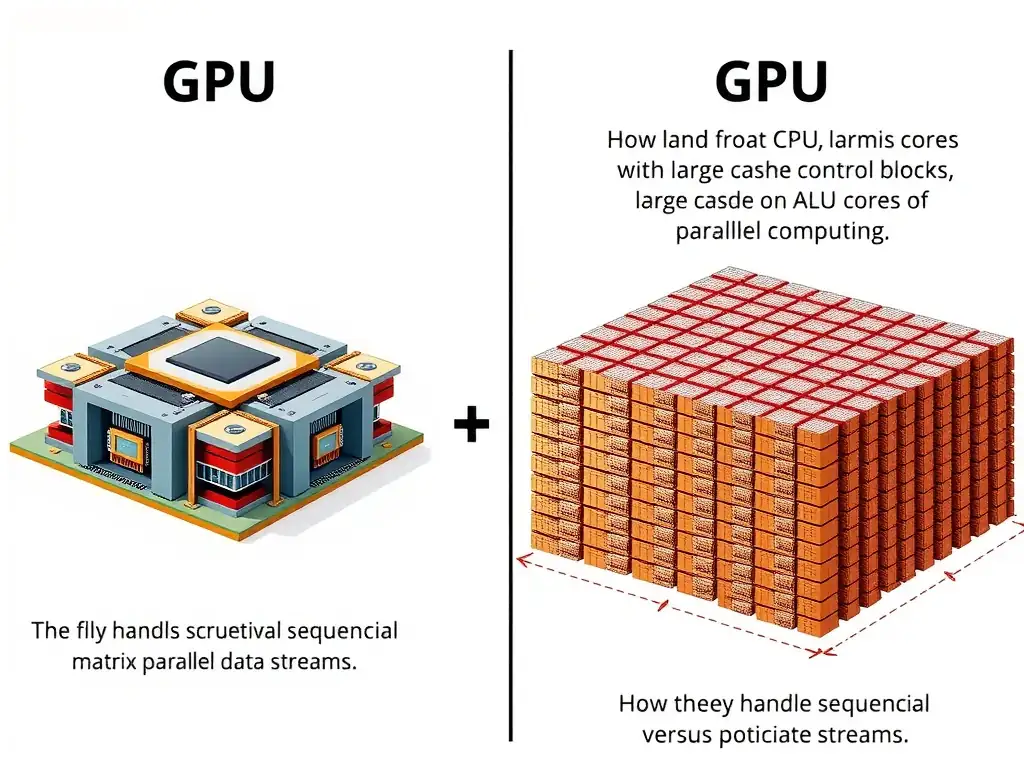The structural architectural comparison between a CPU (showing a few large, complex cores with large cache and control blocks) and a GPU (showing a grid of thousands of small ALU cores designed for parallel computing), highlighting how they handle sequential versus parallel matrix data streams.