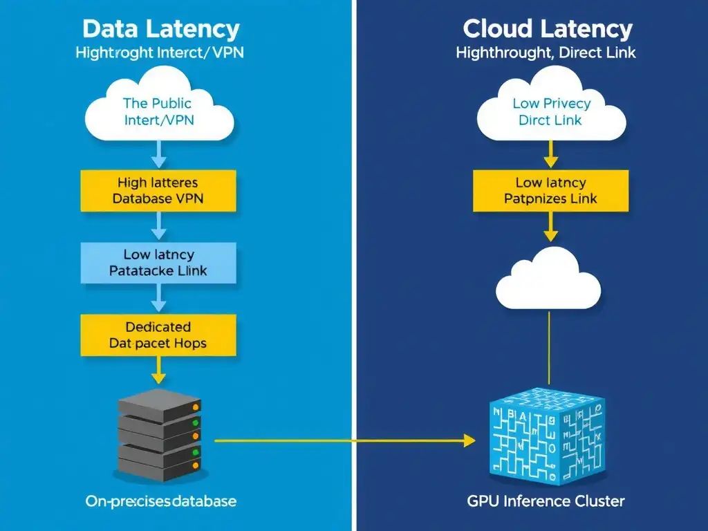 The network architecture of a hybrid cloud setup, comparing data path latency over the public internet/VPN (showing high latency and packet hops) versus a dedicated private connection (showing low latency, high throughput direct link) connecting an on-premises database to a cloud-based GPU inference cluster.