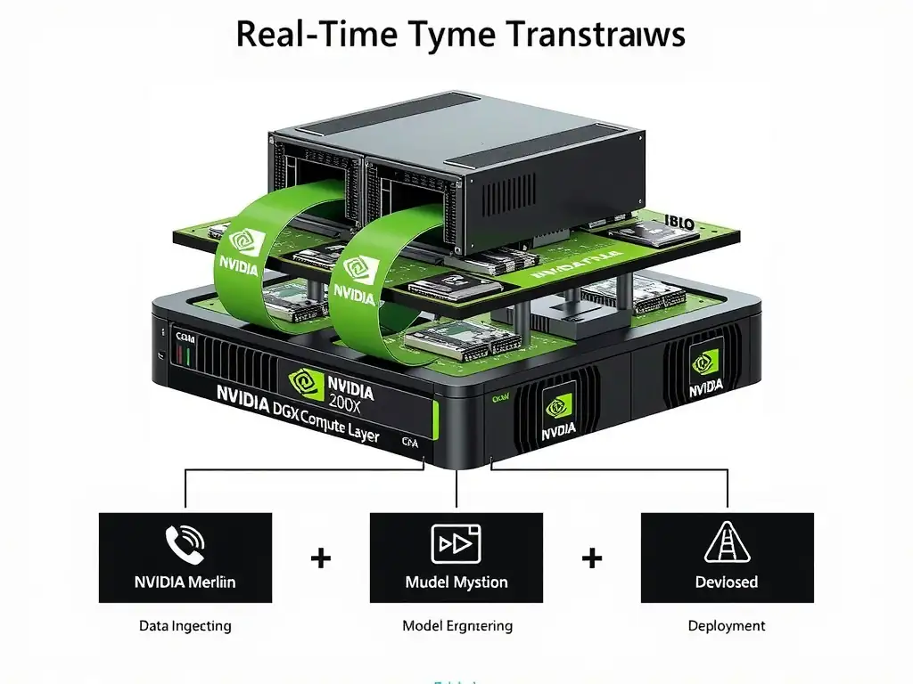 The integration of NVIDIA DGX systems (representing the hardware compute layer) with the NVIDIA Merlin framework (representing the software layers: data ingestion, feature engineering, model training, and deployment) to process real-time transaction streams.