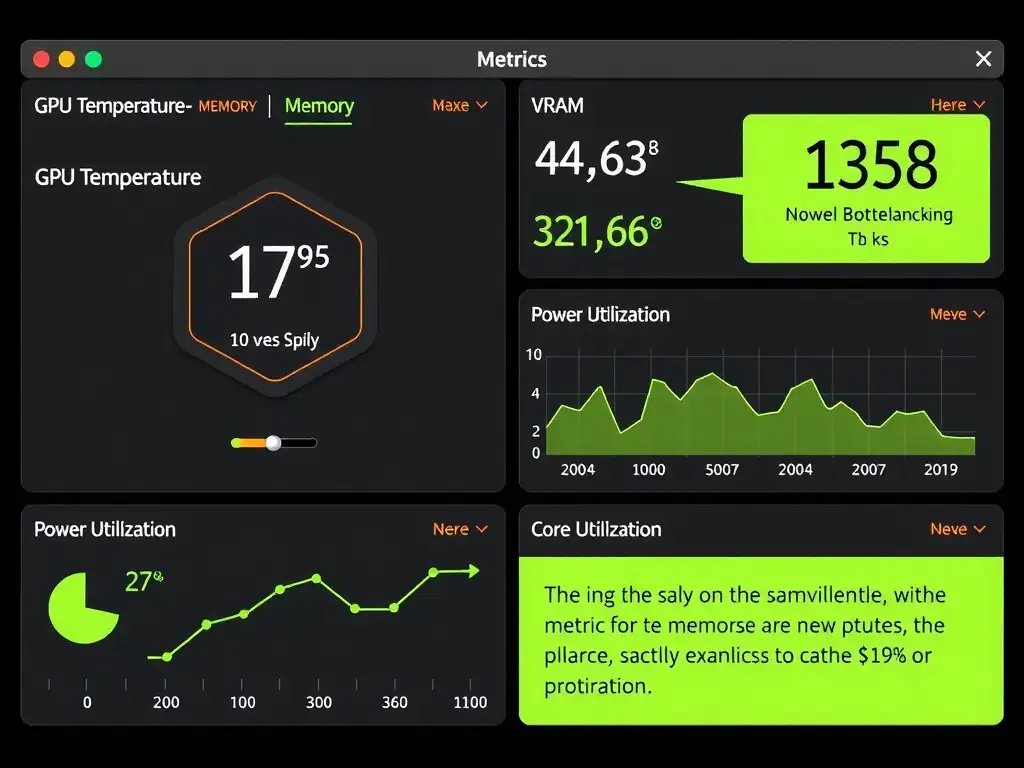 The metrics monitored by the nvidia-smi utility, showing a conceptual dashboard capturing GPU temperature, memory usage (VRAM), power consumption, and core utilization, highlighting how these values identify bottlenecks.