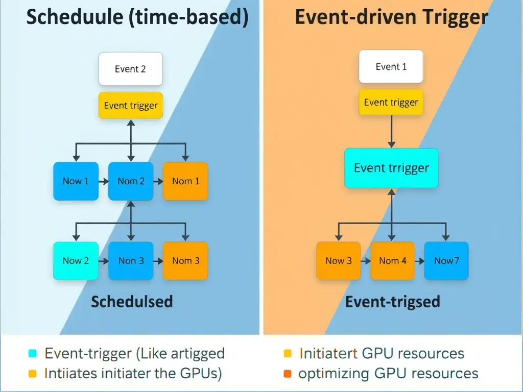 The comparison between scheduled (time-based) and event-driven trigger architectures in an MLOps pipeline, showing how an event-trigger (like a new data arrival in a bucket) initiates the pipeline dynamically, optimizing GPU resources.