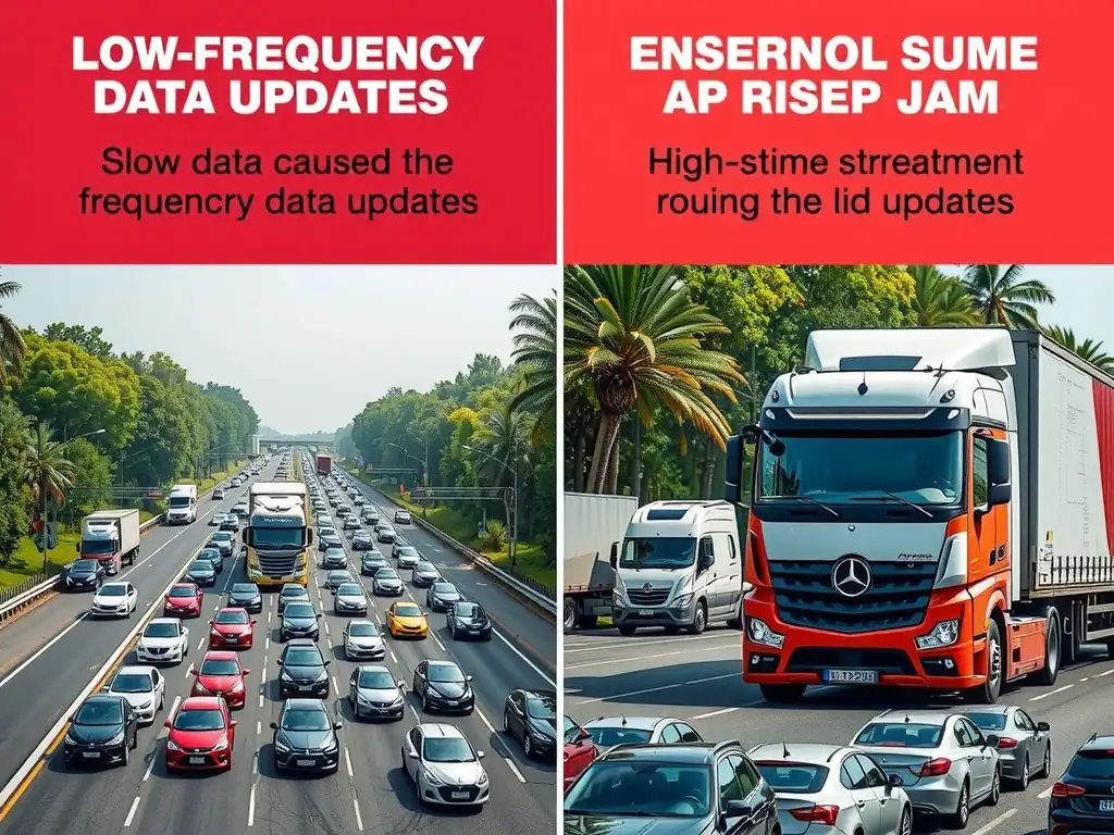 The comparison of routing decisions based on low-frequency data updates (showing stale data causing a truck to enter a traffic jam) versus high-frequency streaming updates (showing real-time adjustments routing the truck around the congestion).
