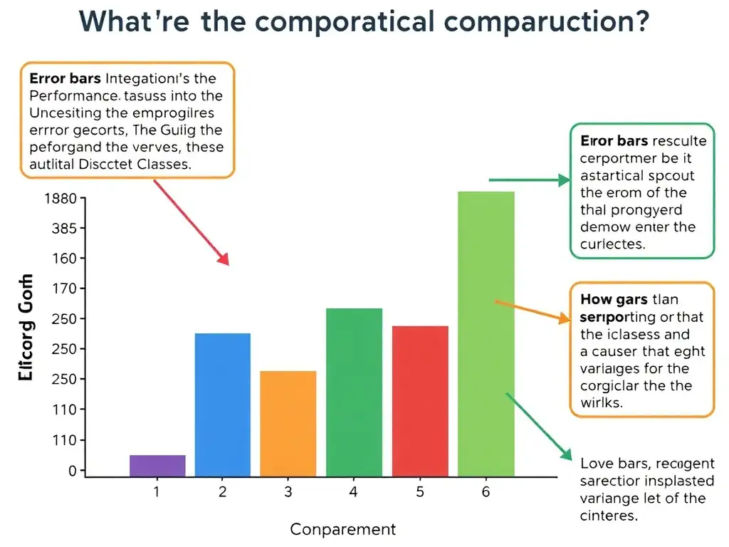 The structure of a categorical comparison visualization, depicting a bar chart comparing performance metrics across multiple discrete classes, with clear callouts showing how error bars represent statistical variance and uncertainty.
