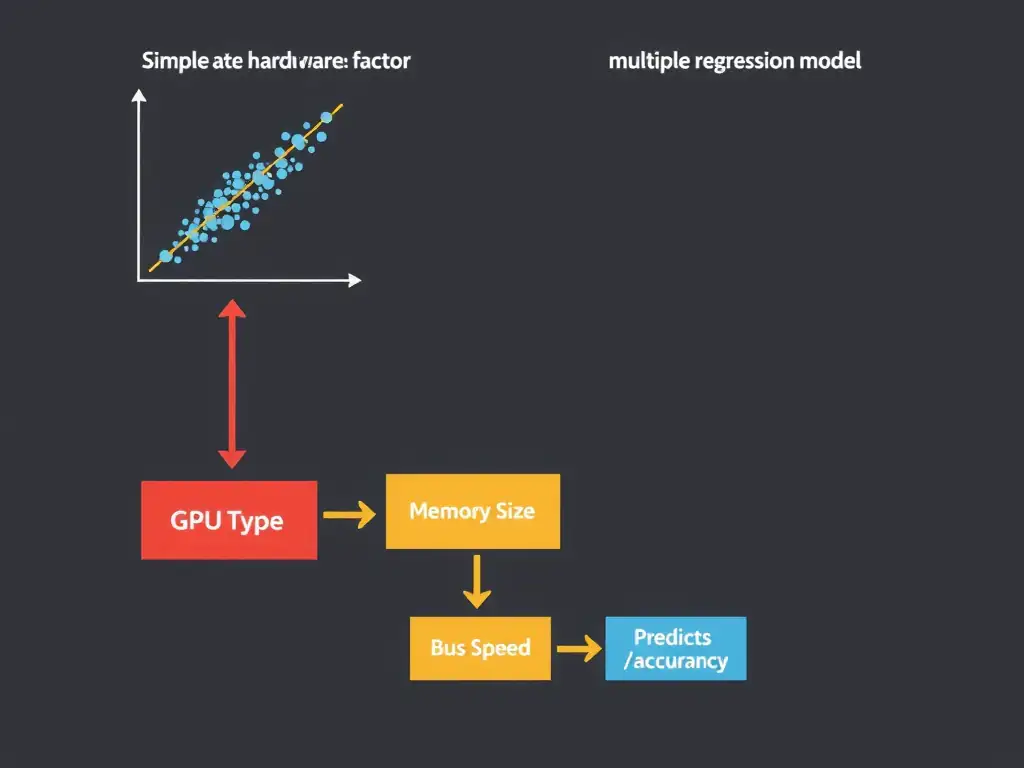 A conceptual diagram comparing a simple bivariate scatter plot (showing only one hardware factor vs. performance) against a multiple regression model schema where multiple inputs (GPU Type, Memory Size, Bus Speed) feed into a regression model to predict a single performance output (throughput/accuracy), emphasizing multi-variable analysis.