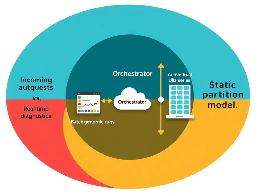 An architectural diagram illustrating a dynamic auto-scaler system. On one side, incoming requests (real-time diagnostics vs. batch genomic runs) vary in volume. In the center, an orchestrator monitors system load metrics (latency, GPU utilization) and dynamically resizes the active compute cluster nodes to handle the current load, contrasted with a static partition model.
