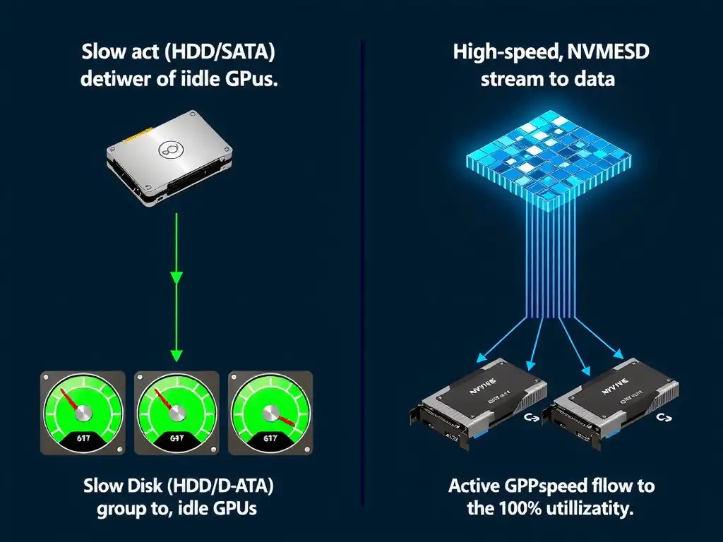 A comparison graphic showing two data paths. The first path shows a slow storage disk (HDD/SATA) bottle-necking data flow to a group of idle GPUs (represented by low-percentage dials). The second path shows high-speed NVMe SSDs sending a thick, high-speed stream of data directly to active GPUs showing 100% utilization.