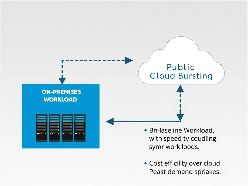 A block diagram showing a hybrid cloud architecture. On-premises server racks (labeled Baseline Workload) are connected via a high-speed link to a cloud environment (labeled Public Cloud Bursting). An arrow shows workloads spilling over into the cloud during peak demand spikes, illustrating cost efficiency and scalability.