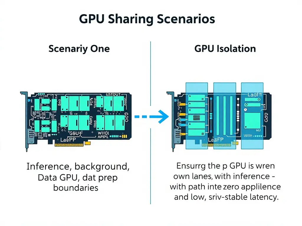 A diagram showing two GPU sharing scenarios. Scenario one shows multiple applications (inference, background training, data prep) clashing on a single GPU without boundaries, causing high latency. Scenario two shows GPU isolation, where the GPU is partitioned into dedicated lanes, ensuring the inference application has its own path with zero interference and low, stable latency.