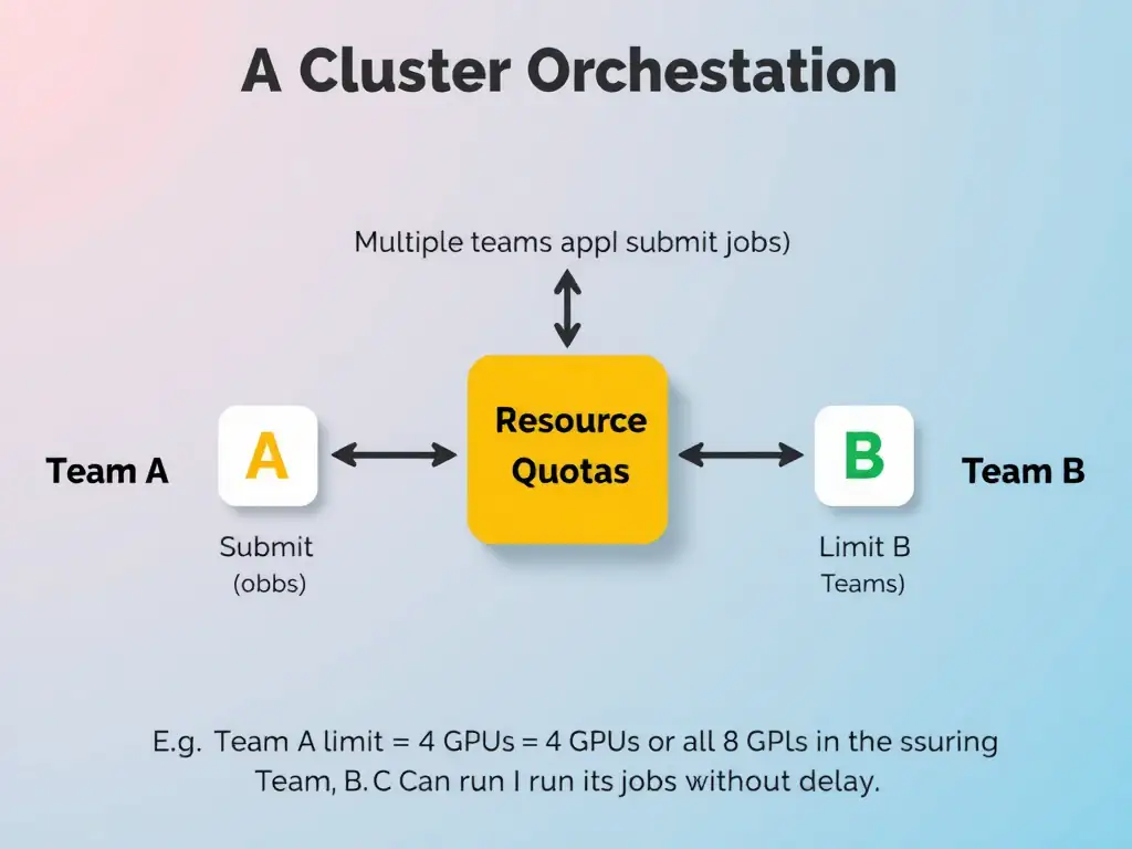 A cluster orchestration diagram. On one side, multiple teams (Team A, Team B) submit jobs. In the middle, the orchestrator applies Resource Quotas (e.g., Team A limit = 4 GPUs, Team B limit = 4 GPUs), preventing Team A from consuming all 8 GPUs in the cluster and ensuring Team B can run its jobs without delay.