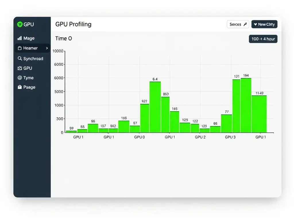 A mockup of a GPU profiling dashboard. The main window displays a heatmap with GPU 0, GPU 1, GPU 2, and GPU 3 on the Y-axis and Time (0 to 4 hours) on the X-axis. Bright green blocks represent high utilization, while black gaps indicate periods of idle time, highlighting synchronization gaps.