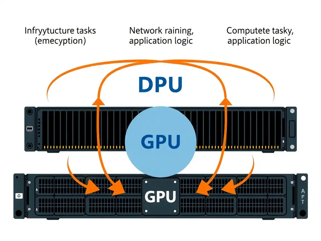 An architectural block diagram showing a CPU, GPU, and DPU on a server board. Arrows show infrastructure tasks (encryption, network routing, storage virtualization) being handled exclusively by the DPU, while compute tasks (training, application logic) are routed directly between the CPU and GPU.