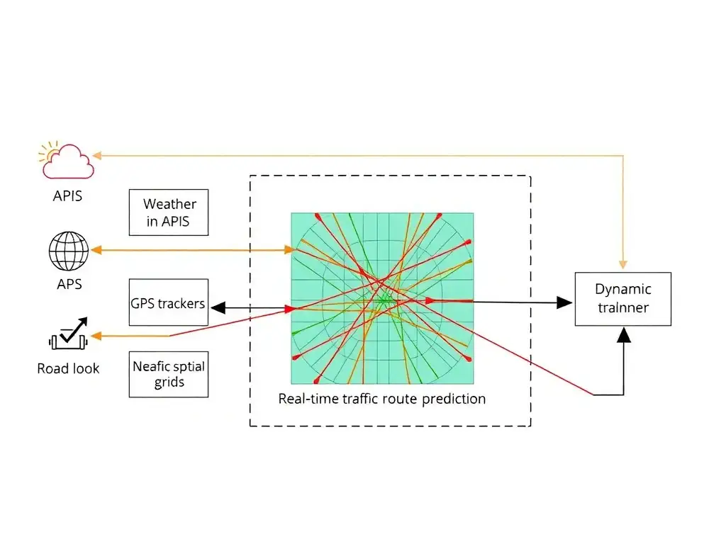 A system architecture diagram. On the left, input sources like Weather APIs, GPS trackers, and Road Loop Sensors feed data streams into a central processing block. This block represents a Deep Neural Network (CNN/GNN) processing spatial grids, which outputs real-time traffic predictions to a dynamic route planner.