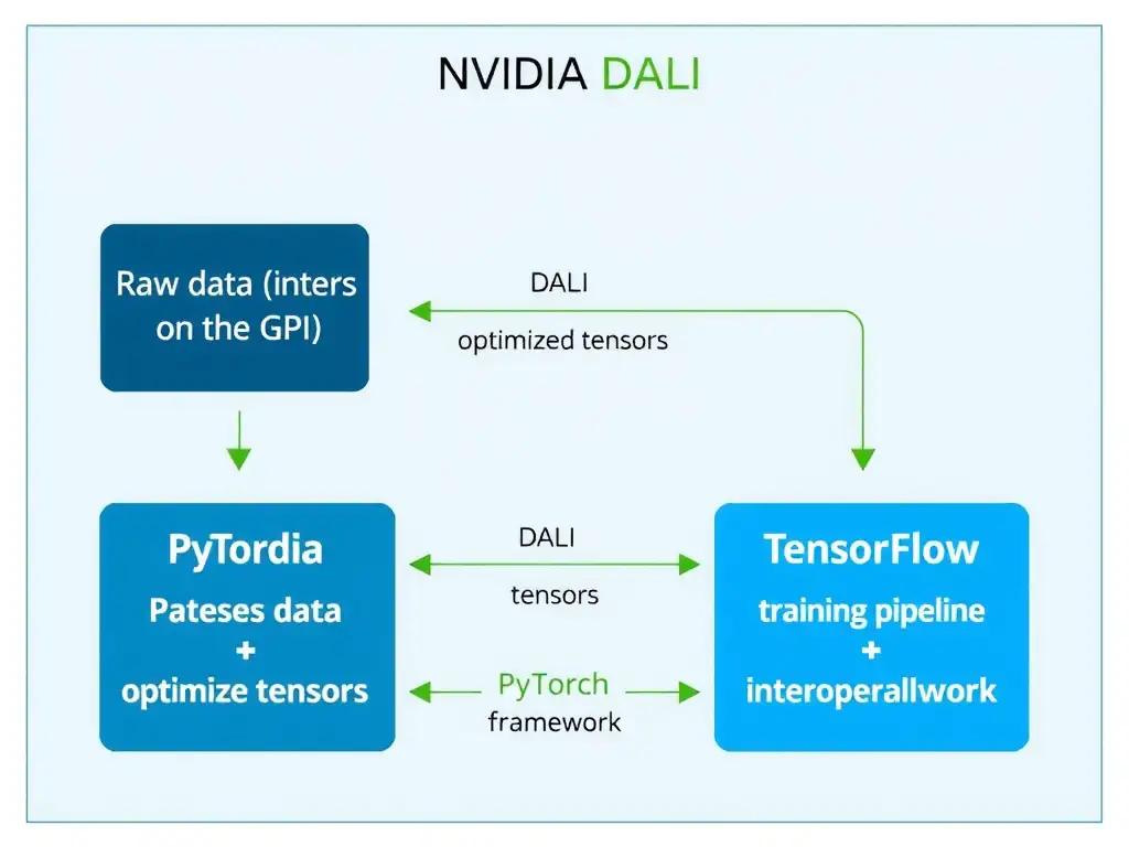 A workflow block diagram illustrating NVIDIA DALI. Raw data enters the DALI block (which runs on the GPU). DALI processes the data and outputs optimized tensors. Arrows show these tensors flowing seamlessly into both PyTorch and TensorFlow training pipelines, illustrating framework interoperability.