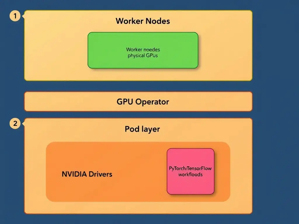Kubernetes cluster architecture showing (1) worker nodes with physical GPUs, (2) GPU Operator layer with NVIDIA Drivers and DCGM visible as separate, complementary components, (3) pod layer above running PyTorch/TensorFlow workloads, clearly separating operator infrastructure from application frameworks.