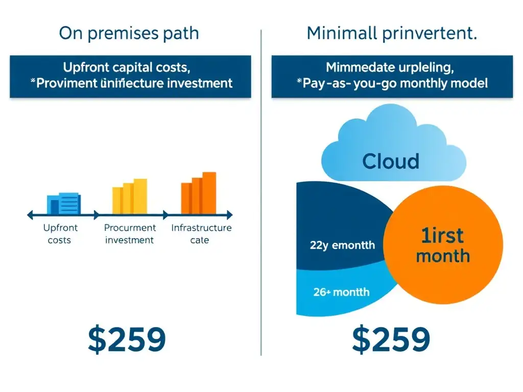 Side-by-side financial comparison showing on-premises path (upfront capital costs, procurement timeline, infrastructure investment) versus cloud path (minimal upfront, immediate provisioning, pay-as-you-go monthly model). Highlight the dramatic cost difference in the first month.
