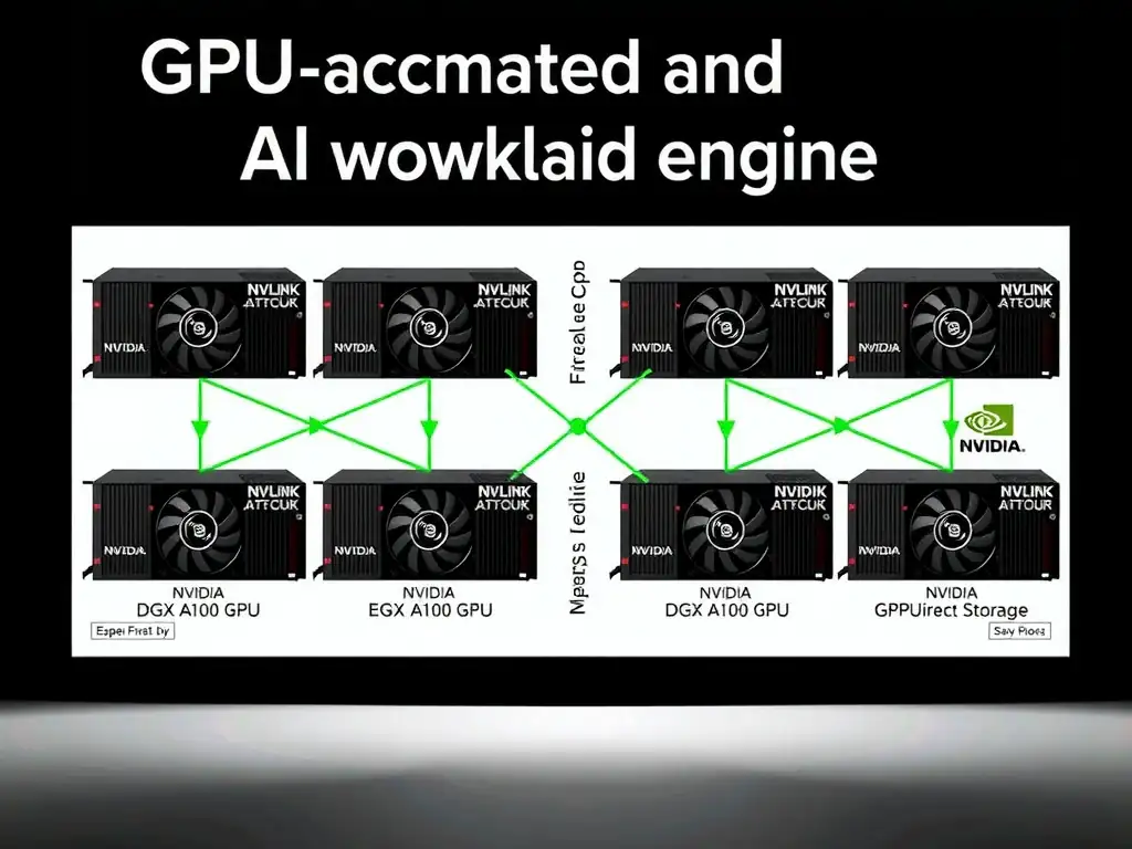 DGX A100 system architecture showing eight A100 GPUs prominently featured, NVIDIA NVLink interconnects forming a mesh between GPUs, GPUDirect Storage path bypassing CPU to storage. Label as "GPU-accelerated AI workload engine."