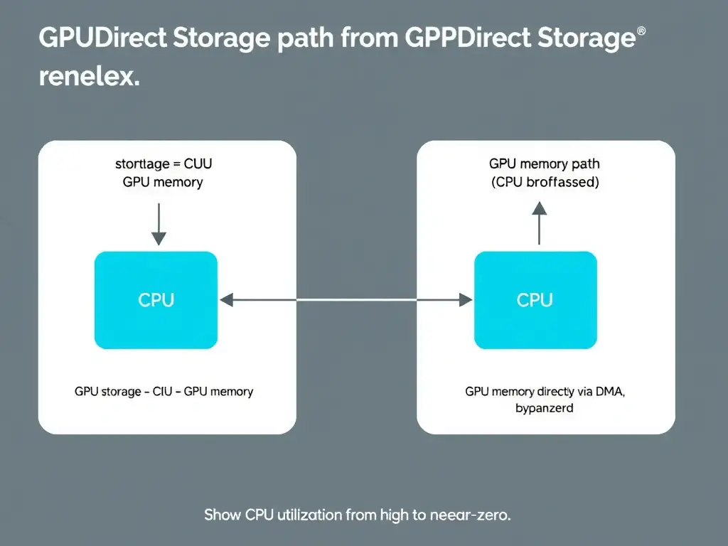 Data flow diagram showing traditional path (storage → CPU → GPU memory with CPU bottleneck) versus GPUDirect Storage path (storage → GPU memory directly via DMA, CPU bypassed). Show CPU utilization dropping from high to near-zero in the optimized path.