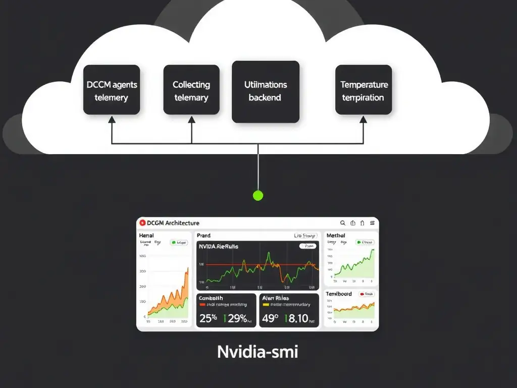 Monitoring architecture showing DCGM agents on each GPU node collecting telemetry, centralizing into a monitoring backend (Prometheus/Grafana), rendering a dashboard with GPU health, utilization trends, temperature monitoring, and alert rules. Show nvidia-smi as a one-off tool in contrast.